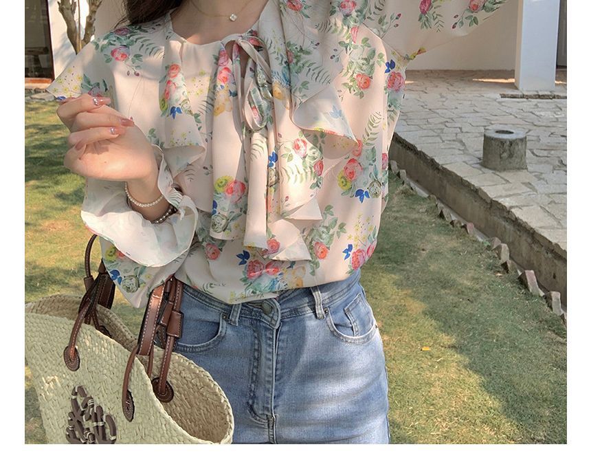 Puff-Sleeve Floral Print Ruffled Drawstring Blouse