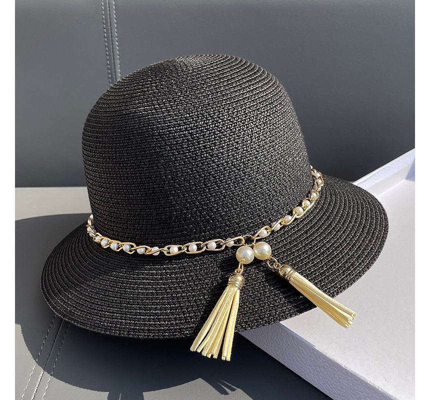 Faux Pearl Straw Bucket Hat