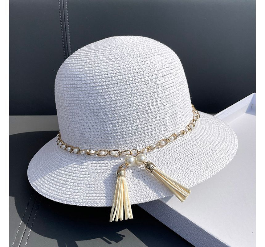 Faux Pearl Straw Bucket Hat