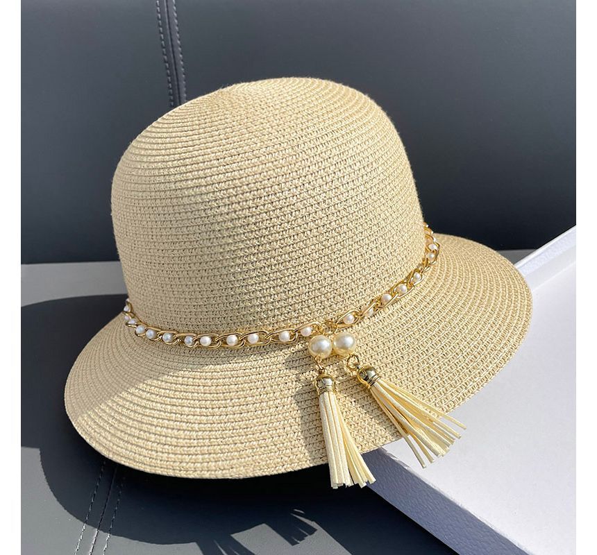 Faux Pearl Straw Bucket Hat