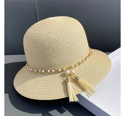 Faux Pearl Straw Bucket Hat