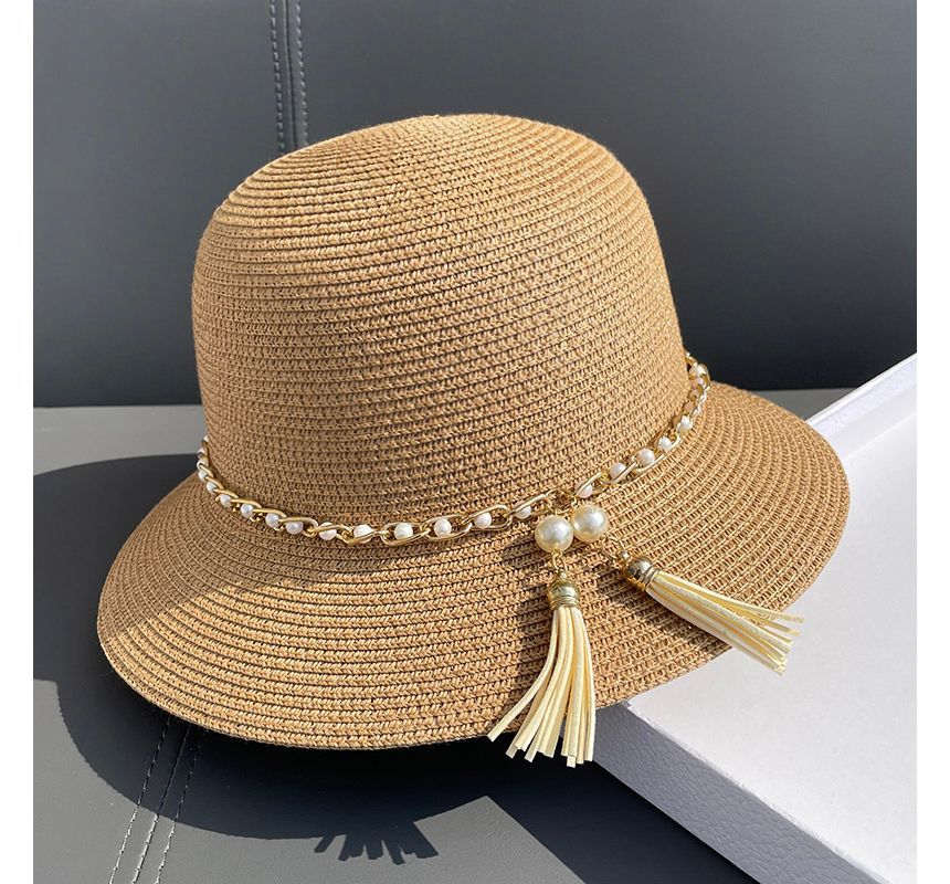 Faux Pearl Straw Bucket Hat