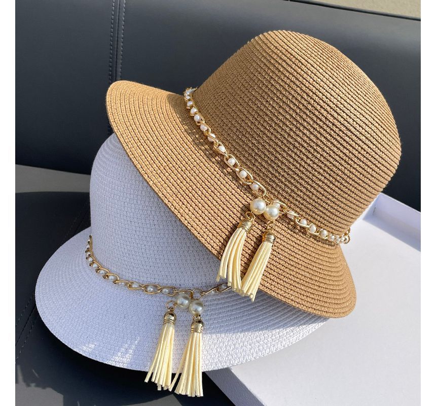 Faux Pearl Straw Bucket Hat