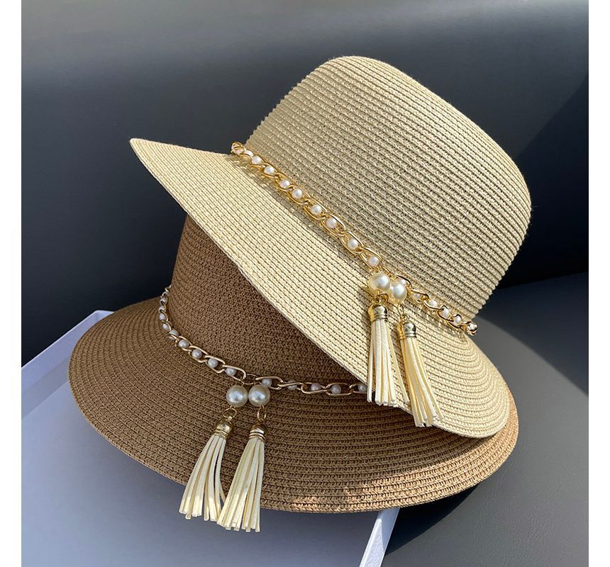 Faux Pearl Straw Bucket Hat