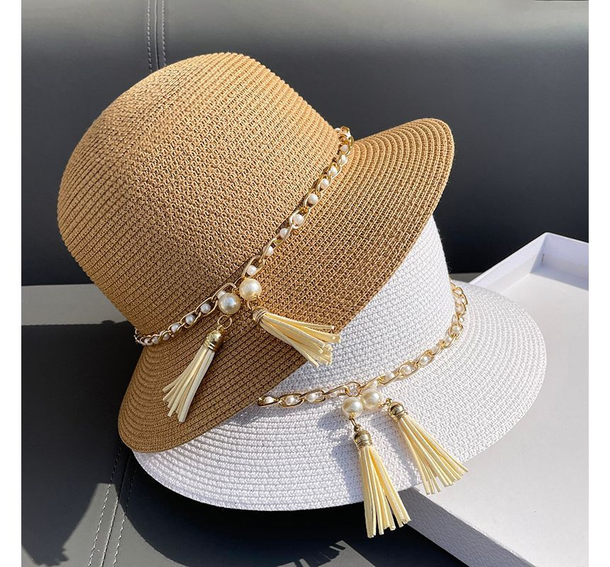 Faux Pearl Straw Bucket Hat