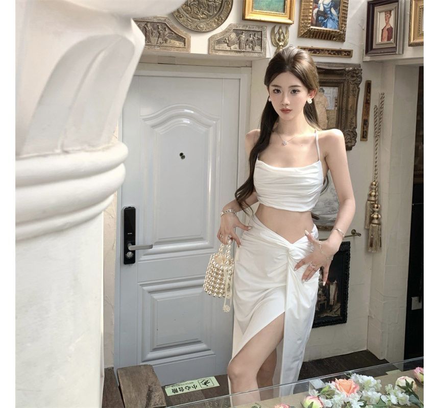 Set: Plain Ruched Crop Camisole Top + High Waist Twist Slit High-Low A-Line Skirt