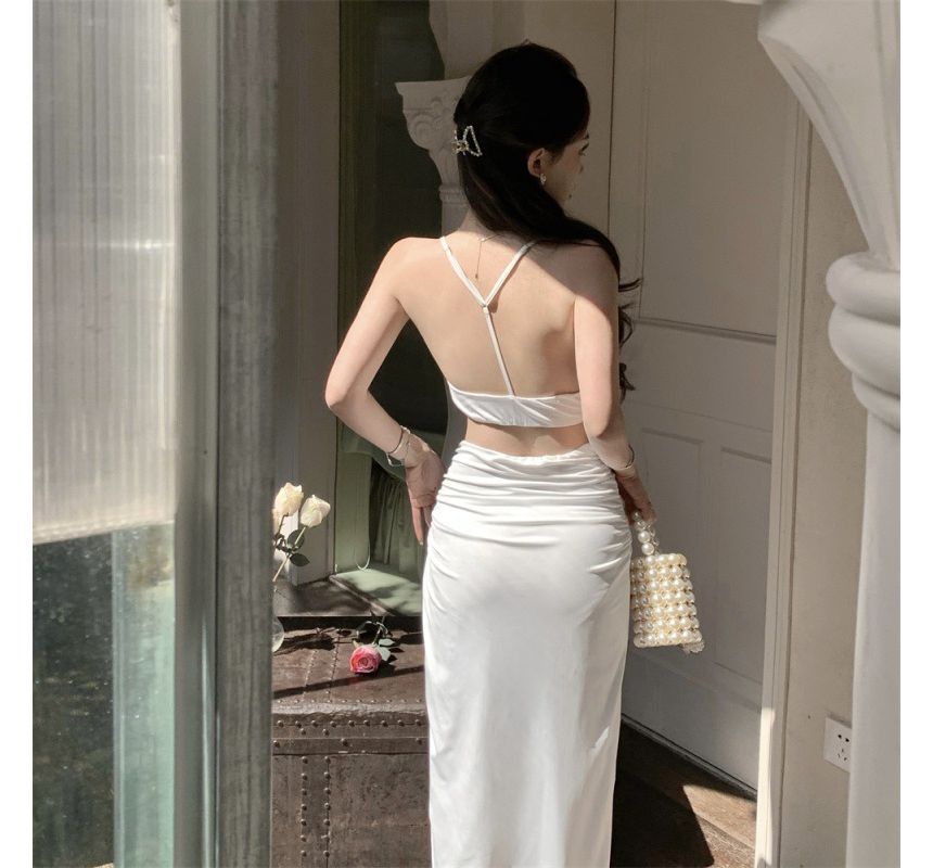 Set: Plain Ruched Crop Camisole Top + High Waist Twist Slit High-Low A-Line Skirt