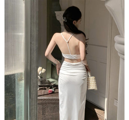 Set: Plain Ruched Crop Camisole Top + High Waist Twist Slit High-Low A-Line Skirt