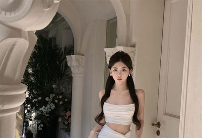 Set: Plain Ruched Crop Camisole Top + High Waist Twist Slit High-Low A-Line Skirt