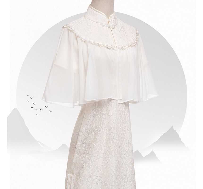 Set: Short-Sleeve Lace Midi Qipao + Faux Pearl Capelet