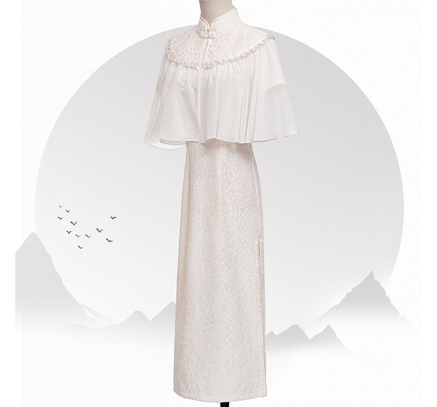 Set: Short-Sleeve Lace Midi Qipao + Faux Pearl Capelet