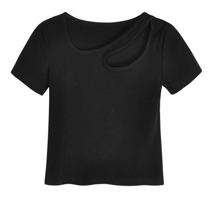 Short-Sleeve Asymmetrical Neck Plain Cutout T-Shirt