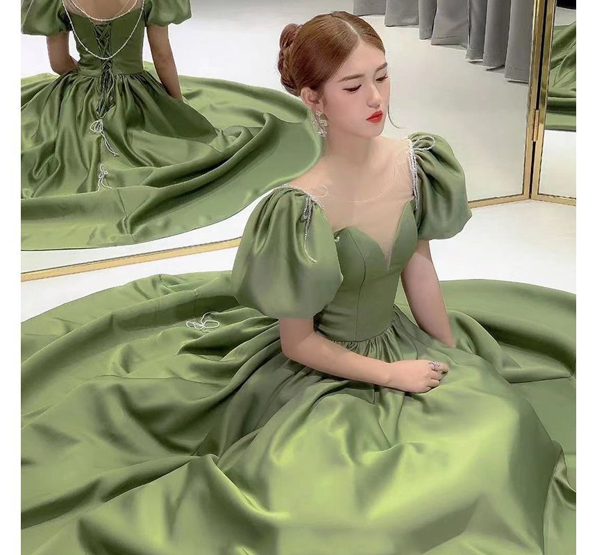 Evening Panel Satin Gown Pearl Mesh Neck Sleeve Scoop Beaded A-Line Puff Faux