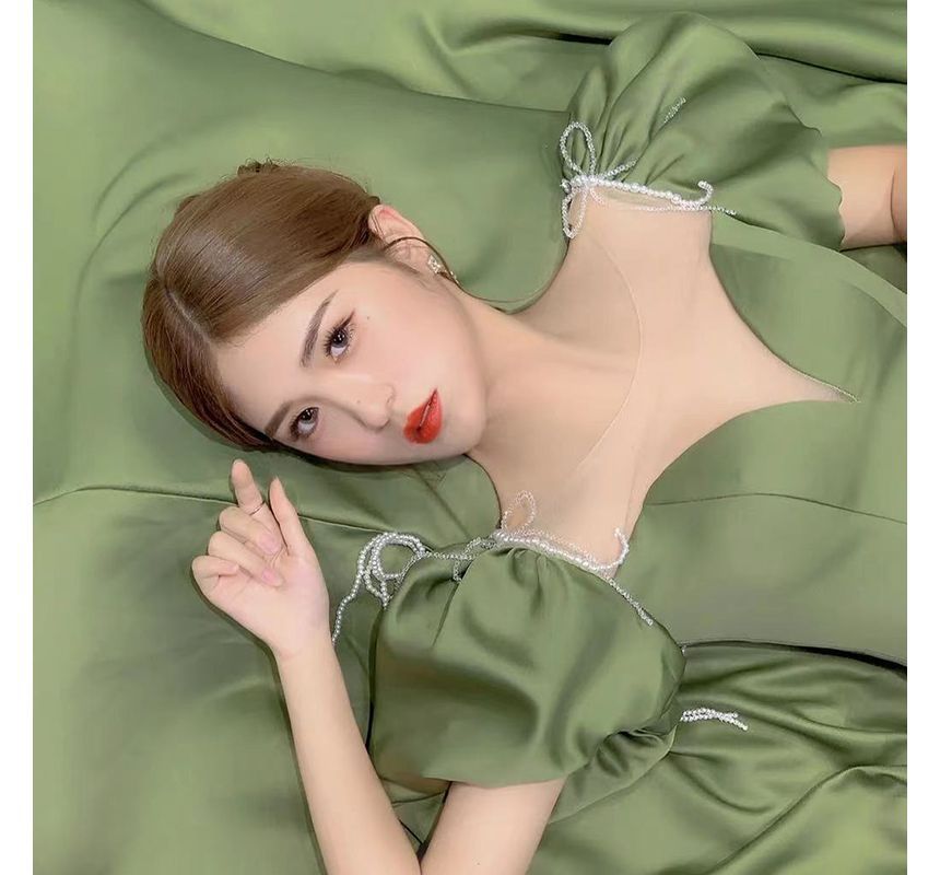 Evening Panel Satin Gown Pearl Mesh Neck Sleeve Scoop Beaded A-Line Puff Faux