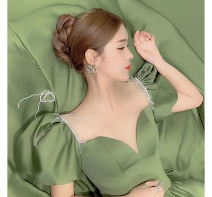 Evening Panel Satin Gown Pearl Mesh Neck Sleeve Scoop Beaded A-Line Puff Faux