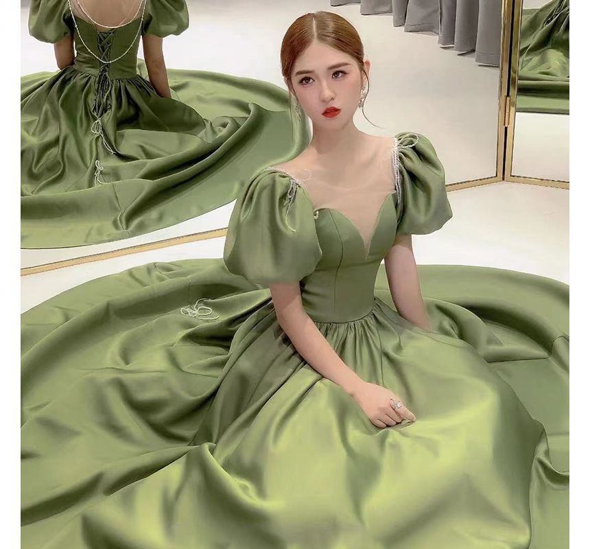 Evening Panel Satin Gown Pearl Mesh Neck Sleeve Scoop Beaded A-Line Puff Faux