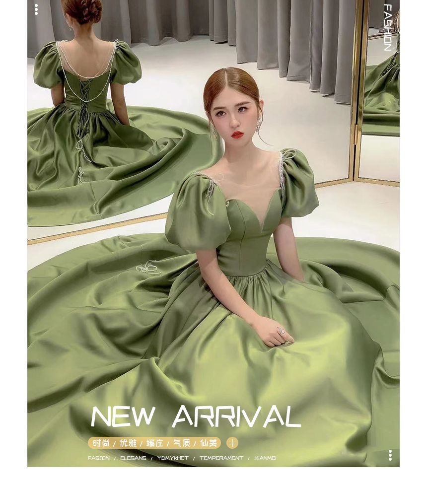 Evening Panel Satin Gown Pearl Mesh Neck Sleeve Scoop Beaded A-Line Puff Faux