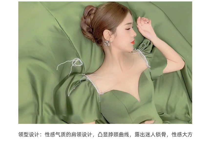 Evening Panel Satin Gown Pearl Mesh Neck Sleeve Scoop Beaded A-Line Puff Faux