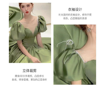 Evening Panel Satin Gown Pearl Mesh Neck Sleeve Scoop Beaded A-Line Puff Faux