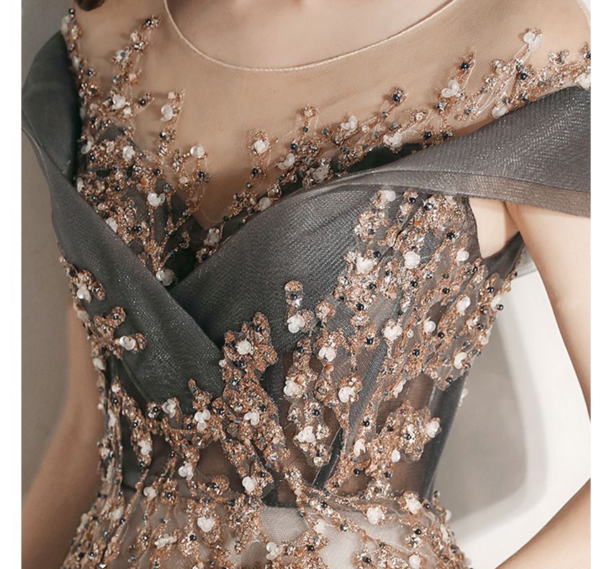 A-Line Mesh Evening Gown Cap Sleeve Neck Beaded Panel Scoop