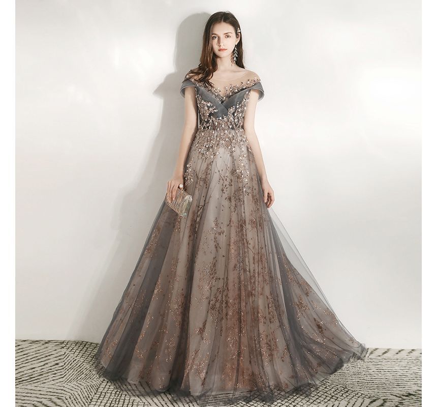 A-Line Mesh Evening Gown Cap Sleeve Neck Beaded Panel Scoop