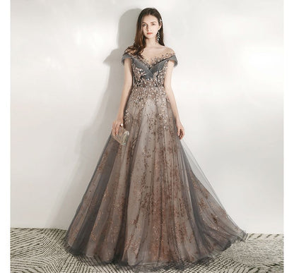 A-Line Mesh Evening Gown Cap Sleeve Neck Beaded Panel Scoop