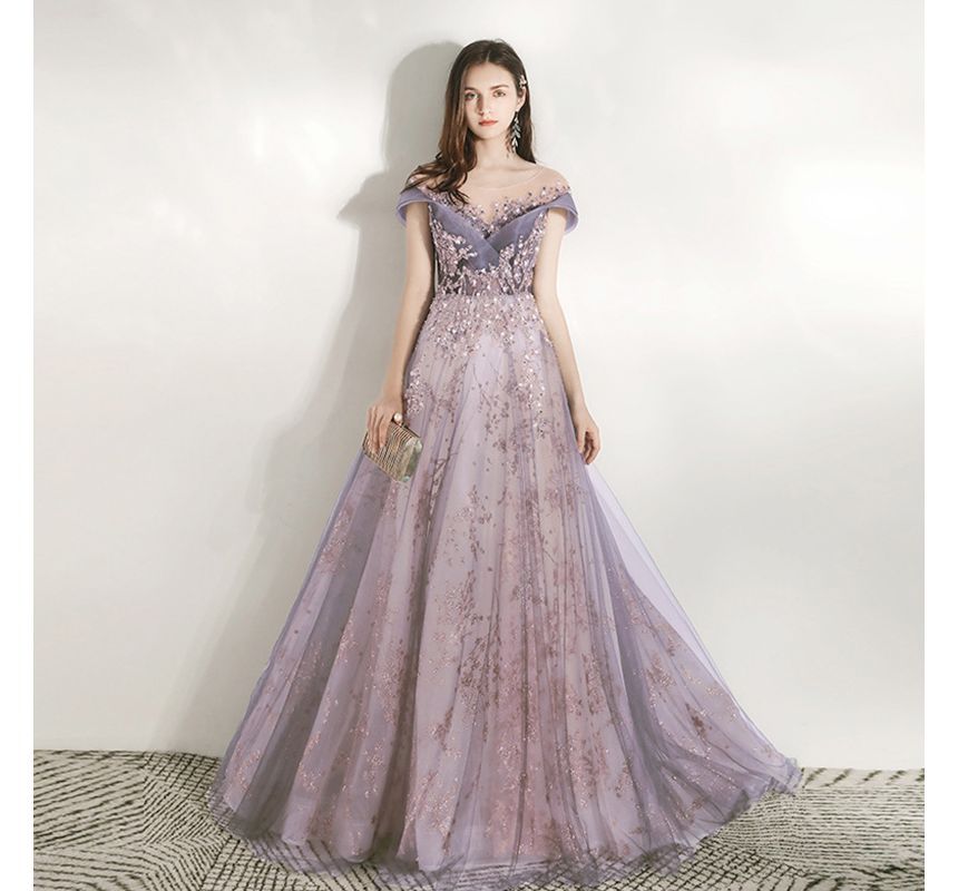 A-Line Mesh Evening Gown Cap Sleeve Neck Beaded Panel Scoop