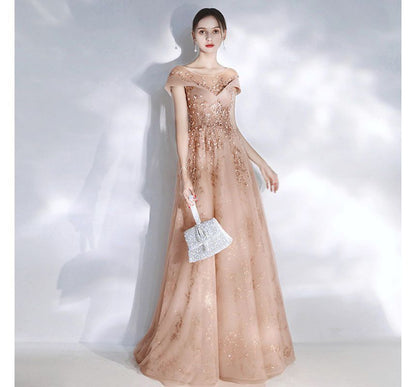 A-Line Mesh Evening Gown Cap Sleeve Neck Beaded Panel Scoop