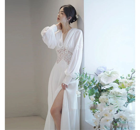 Long-Sleeve V-Neck Plain Ruched Backless Slit Panel Lace Maxi A-Line Cocktail Dress