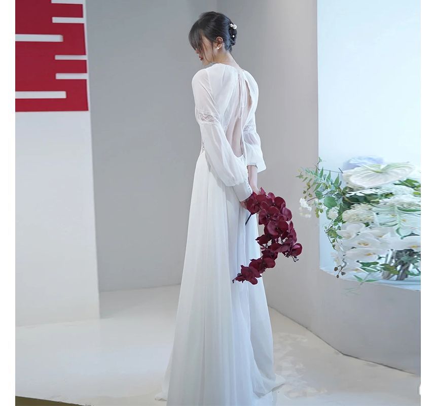 Long-Sleeve V-Neck Plain Ruched Backless Slit Panel Lace Maxi A-Line Cocktail Dress