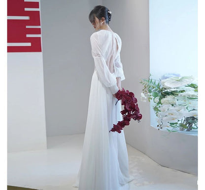 Long-Sleeve V-Neck Plain Ruched Backless Slit Panel Lace Maxi A-Line Cocktail Dress