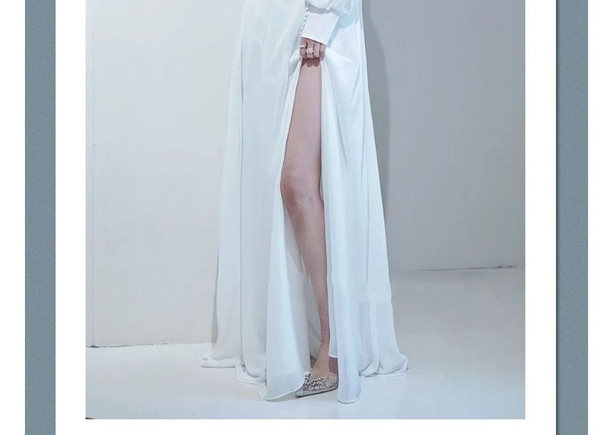 Long-Sleeve V-Neck Plain Ruched Backless Slit Panel Lace Maxi A-Line Cocktail Dress