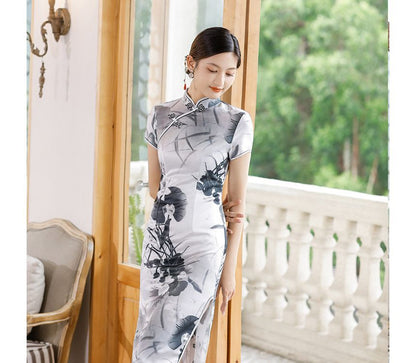 Short-Sleeve Floral Print  Midi Sheath Qipao