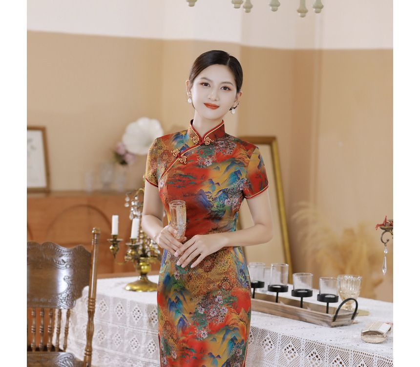 Short-Sleeve Floral Print  Midi Sheath Qipao