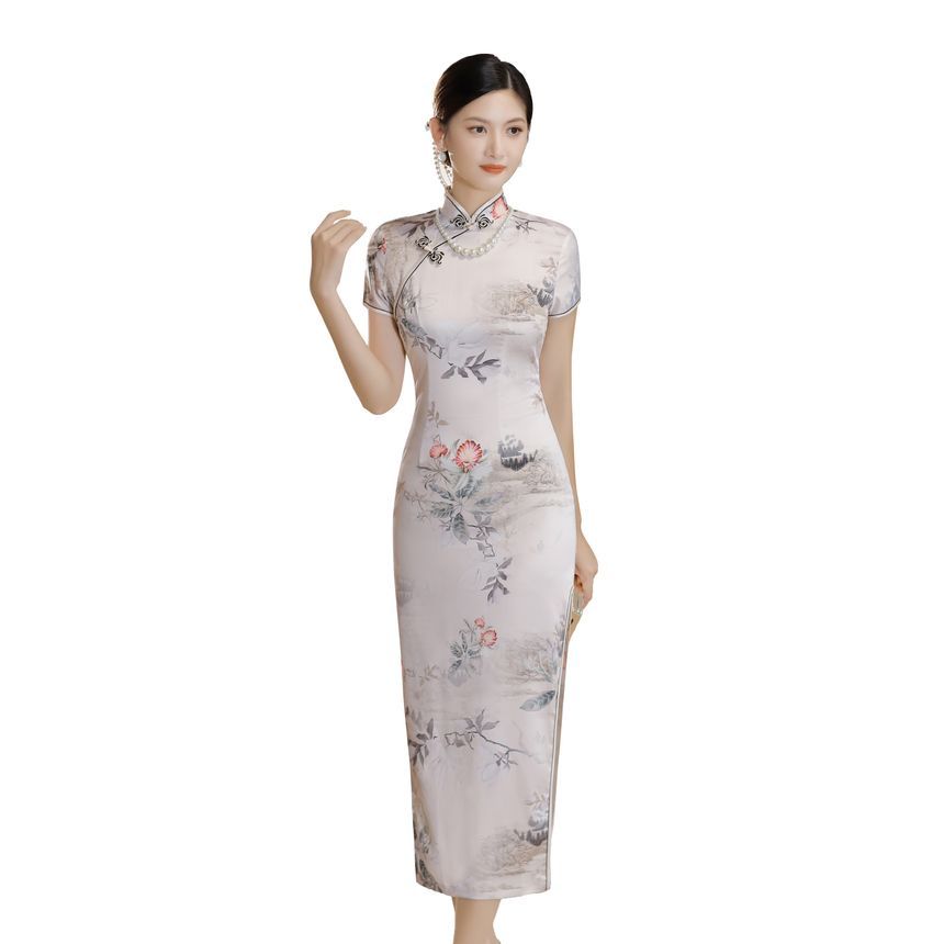 Short-Sleeve Floral Print  Midi Sheath Qipao