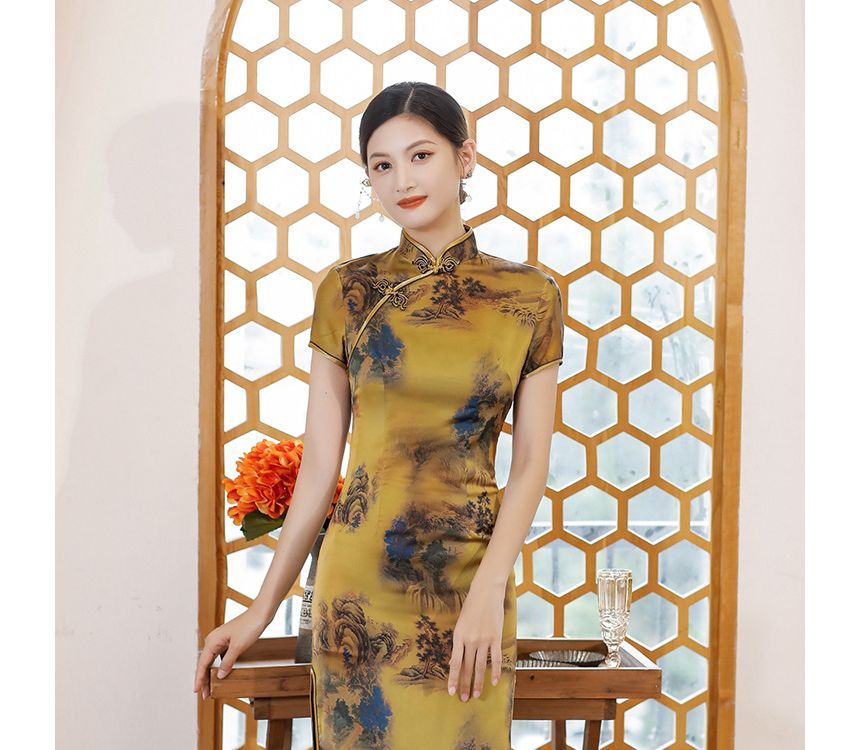 Short-Sleeve Floral Print  Midi Sheath Qipao