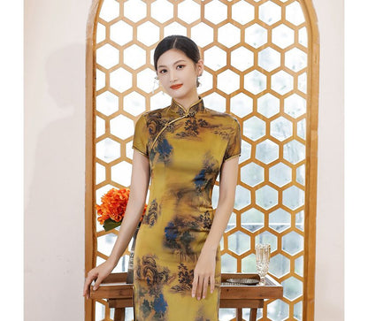 Short-Sleeve Floral Print  Midi Sheath Qipao