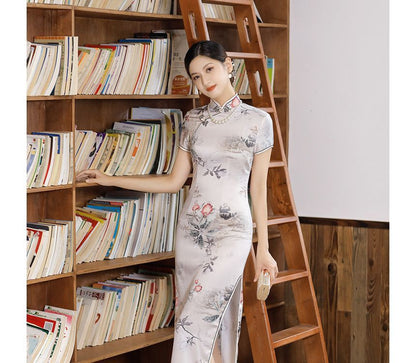 Short-Sleeve Floral Print  Midi Sheath Qipao