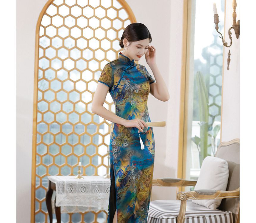 Short-Sleeve Floral Print  Midi Sheath Qipao
