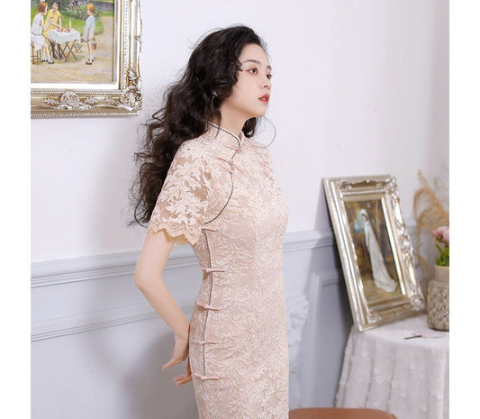 Short-Sleeve Floral Print Lace Trim  Midi Qipao