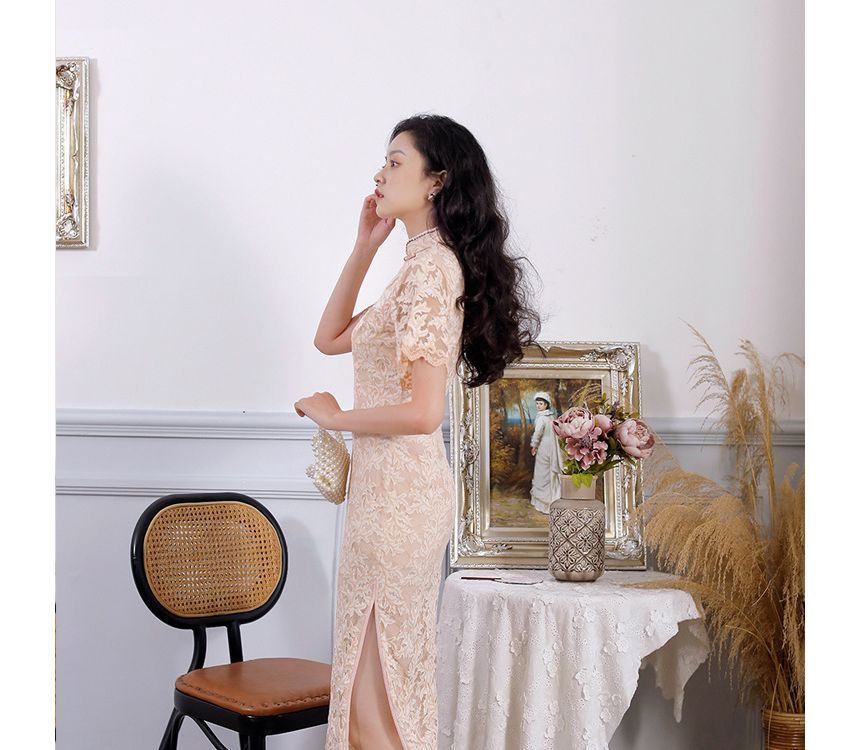 Short-Sleeve Floral Print Lace Trim  Midi Qipao