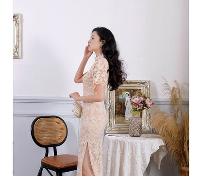 Short-Sleeve Floral Print Lace Trim  Midi Qipao