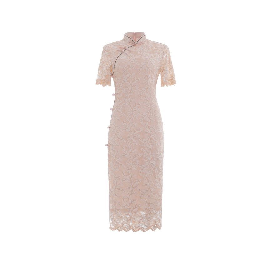 Short-Sleeve Floral Print Lace Trim  Midi Qipao