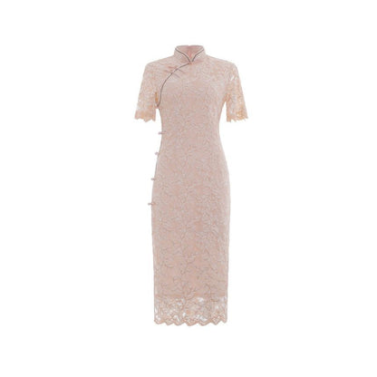 Short-Sleeve Floral Print Lace Trim  Midi Qipao