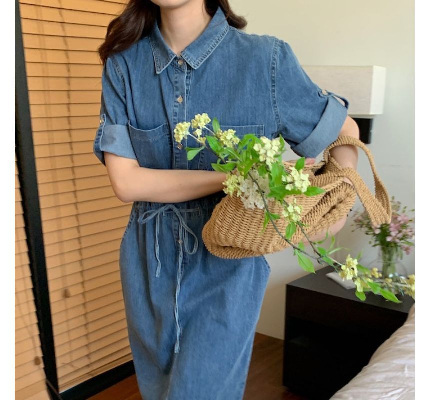 Roll-Sleeve Denim Midi Shirt Dress