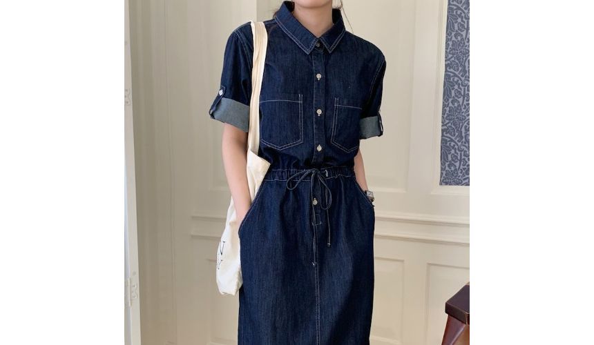 Roll-Sleeve Denim Midi Shirt Dress