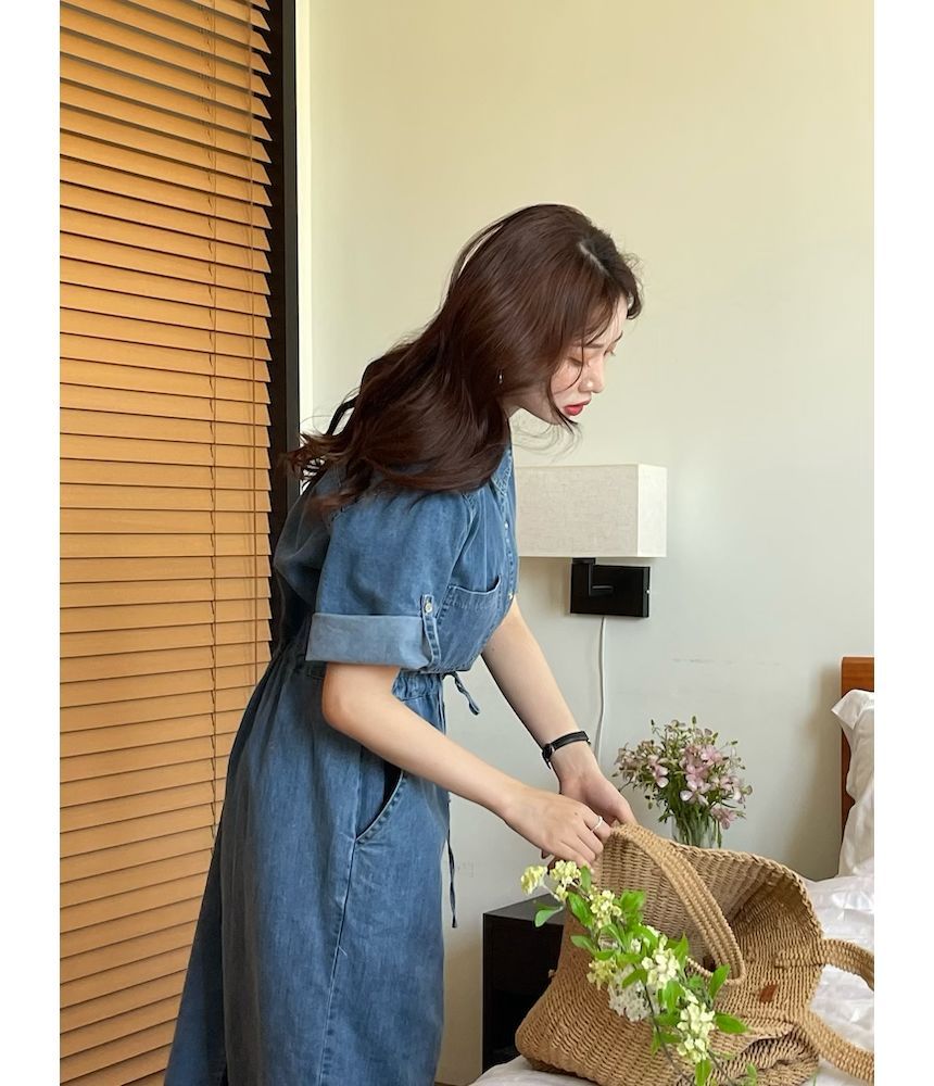 Roll-Sleeve Denim Midi Shirt Dress