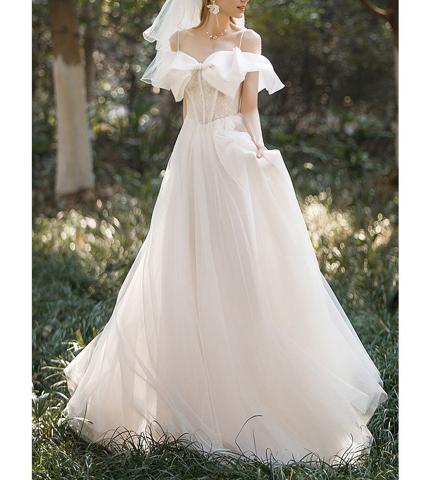 Puff-Sleeve Trained A-Line Wedding Gown