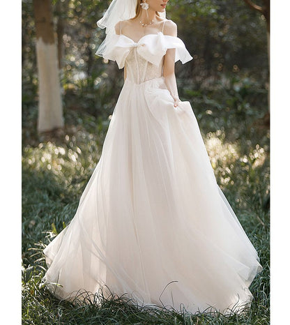 Puff-Sleeve Trained A-Line Wedding Gown