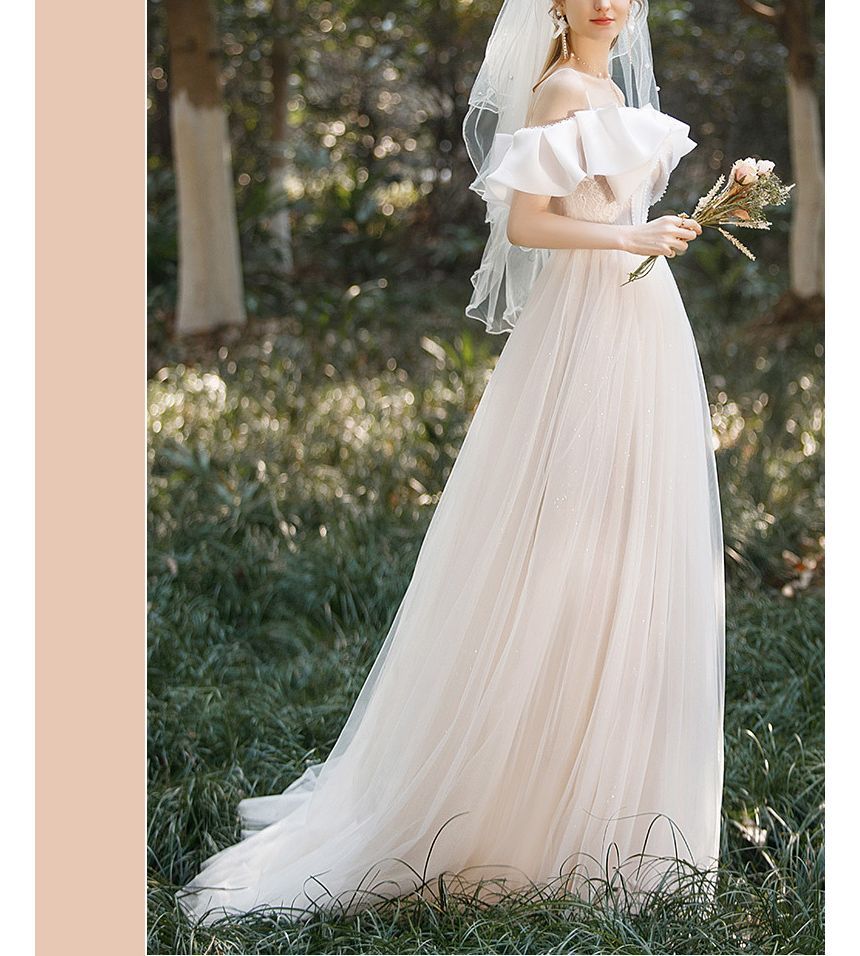 Puff-Sleeve Trained A-Line Wedding Gown